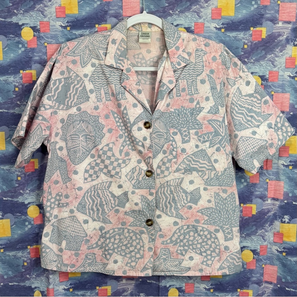Vintage Career Editions Artistic Pink Patterned Short Sleeve Button Down Shirt